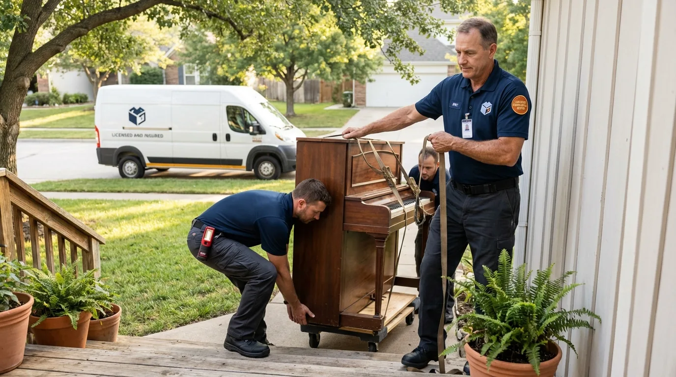 Licensed piano movers securing grand piano in Exeter, RI
