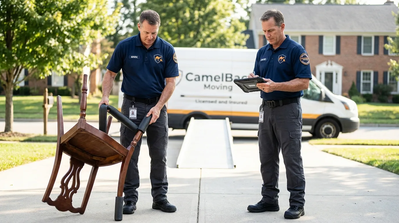 Movers inspecting furniture for damage prevention before loading in Exeter, RI