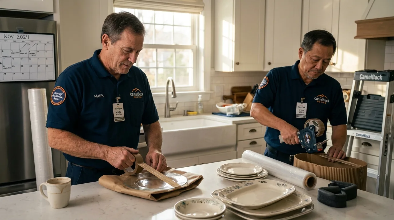Professional crew packing kitchen dishware in Exeter, RI